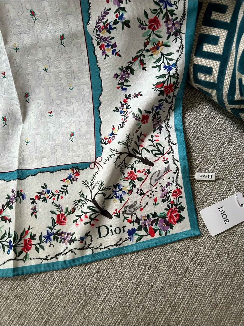 Dior Cream Silk Scarf with Teal Border and Floral Motifs